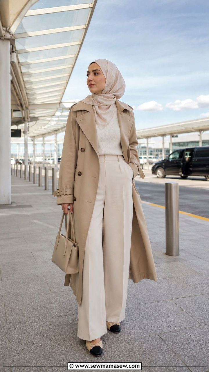 Trench Coat with Wide Leg Trousers and Ballet Flats - 30 Modest outfit ideas for airport