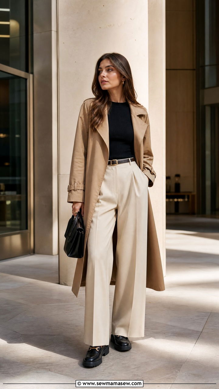 Trench Coat with Wide Leg Trousers and Loafers - 35 how to style trench coat