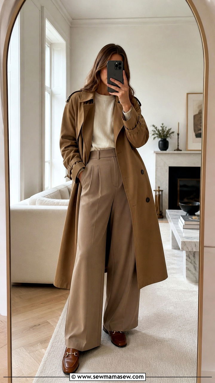 Trench Coat with Wide Leg Trousers and Loafers Outfit - 40 trench coat outfit ideas