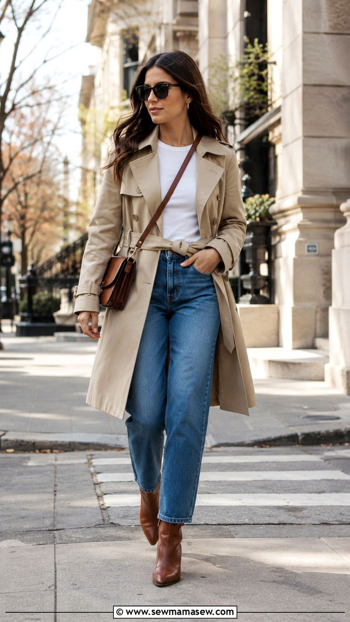 Trench Coat with a Belted Waist over Straight Leg Jeans - 25 Outfit ideas for rectangle body 2026