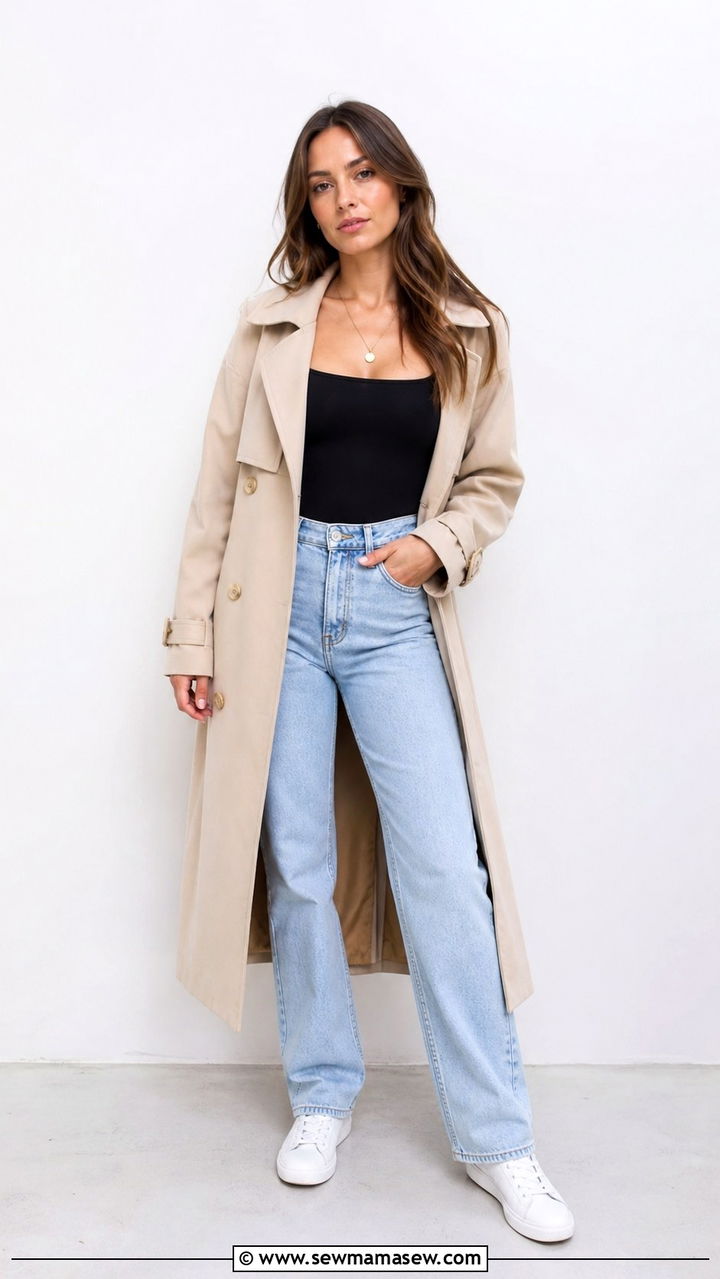 Trench Coat with a Bodysuit and High Rise Jeans - 40 casual trench coat outfits
