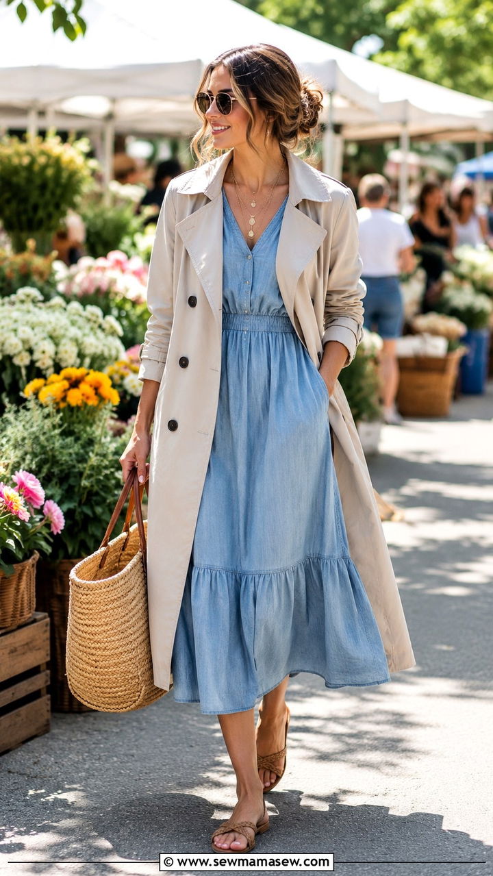 Trench Coat with a Breezy Cotton Dress - 30 How to style a trench coat in summer