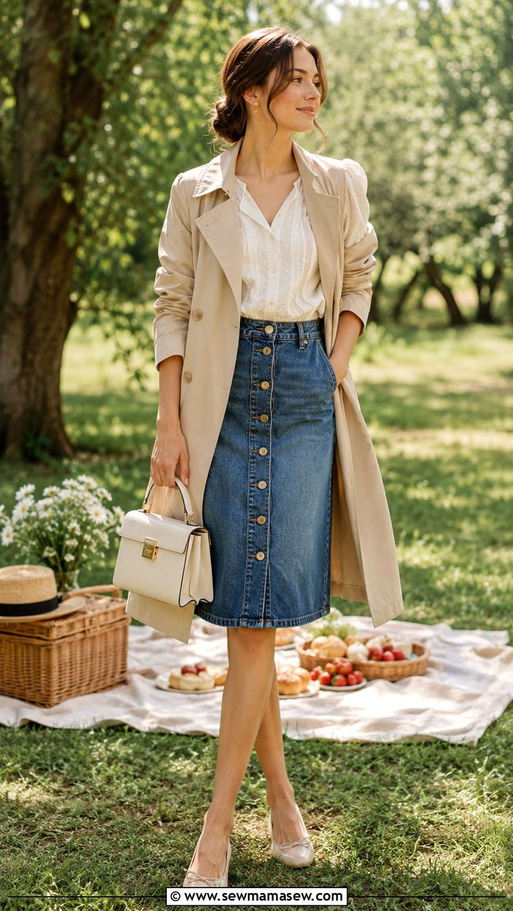 Trench Coat with a Button Front Denim Skirt - 30 How to style a trench coat in summer