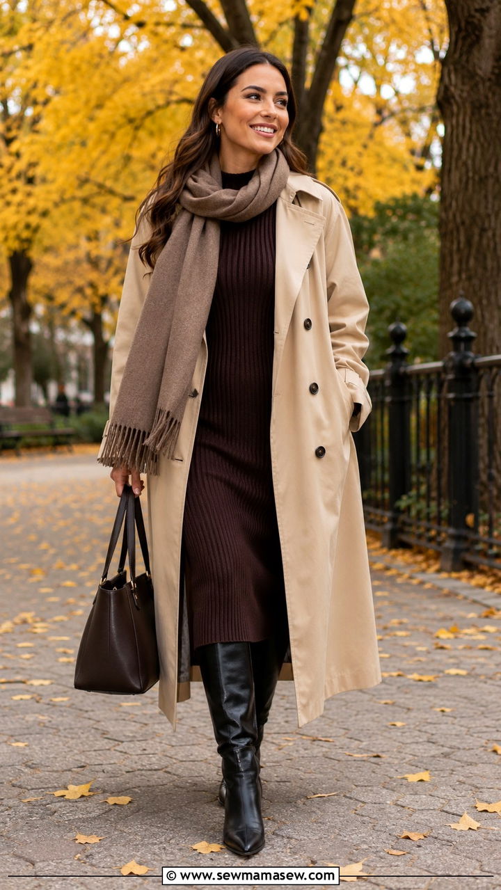 Trench Coat with a Cozy Knit Dress and Knee High Boots - 20 summer to fall outfits trends