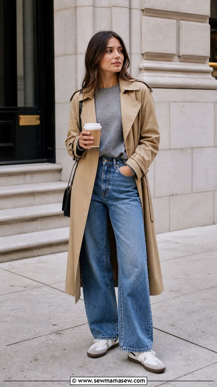 Trench Coat with a Crew Neck Sweater and Barrel Leg Jeans - 40 casual trench coat outfits