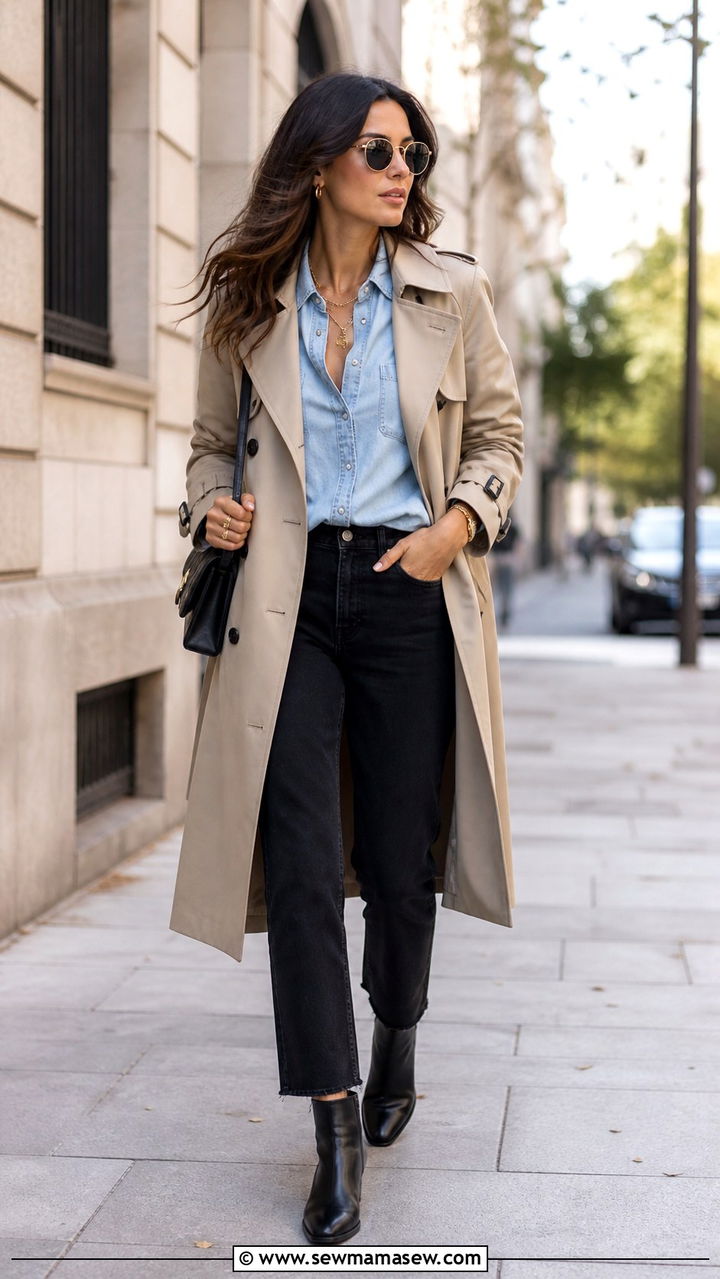 Trench Coat with a Denim Shirt and Black Jeans - 40 casual trench coat outfits