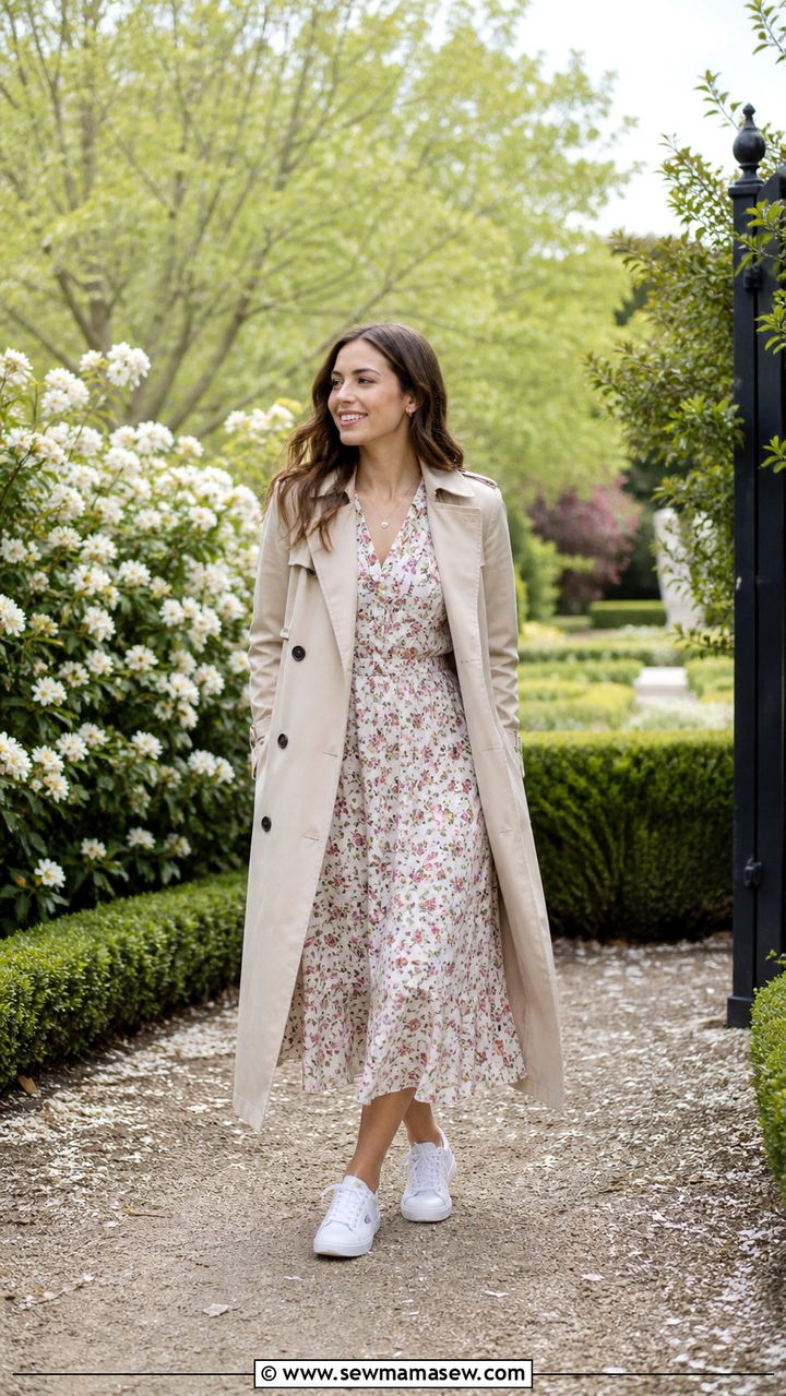 Trench Coat with a Floral Midi Dress and Low Top Sneakers - 40 casual trench coat outfits