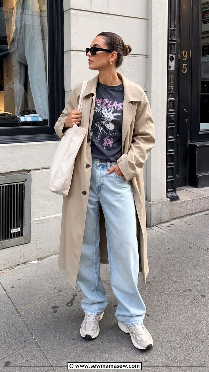 Trench Coat with a Graphic Tee and Baggy Jeans - 40 casual trench coat outfits