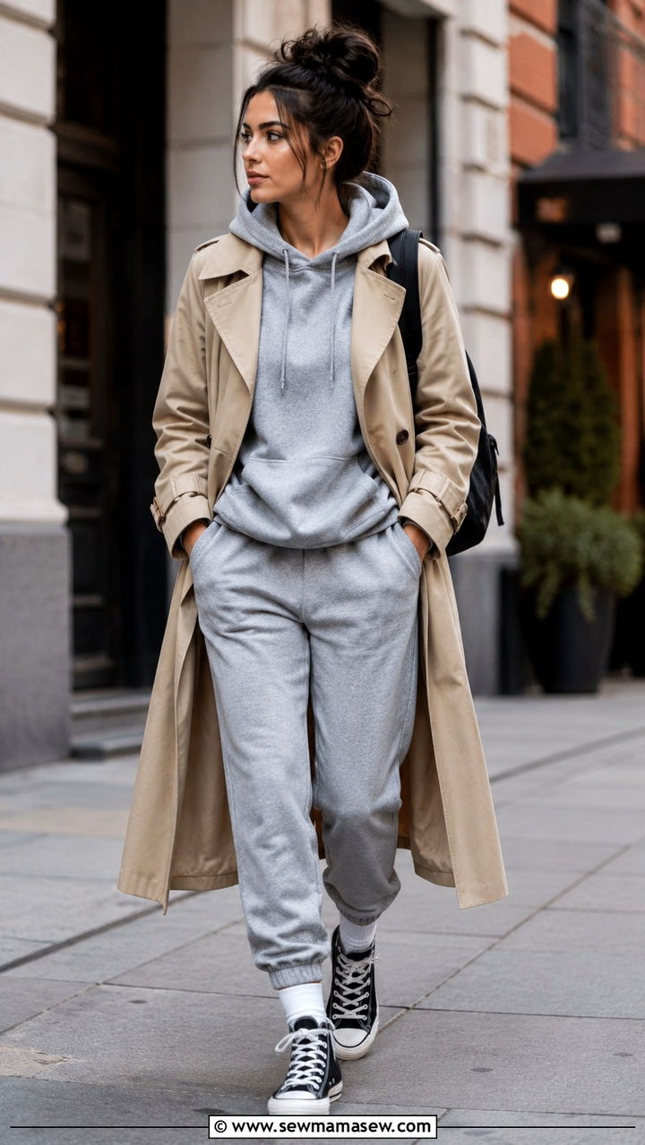 Trench Coat with a Hoodie Joggers and High Top Sneakers - 30 trench coat outfits inspo
