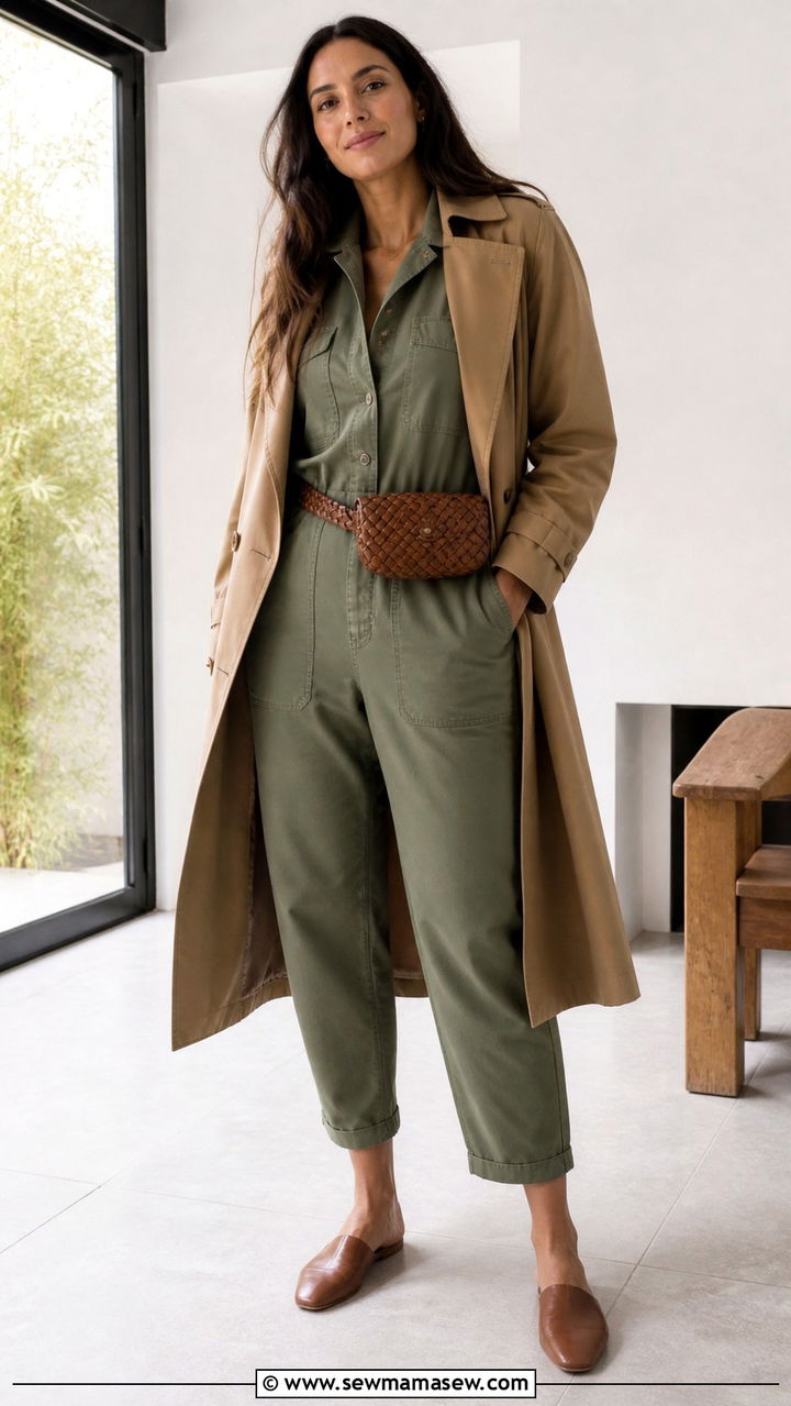 Trench Coat with a Jumpsuit and Flat Mules - 40 casual trench coat outfits