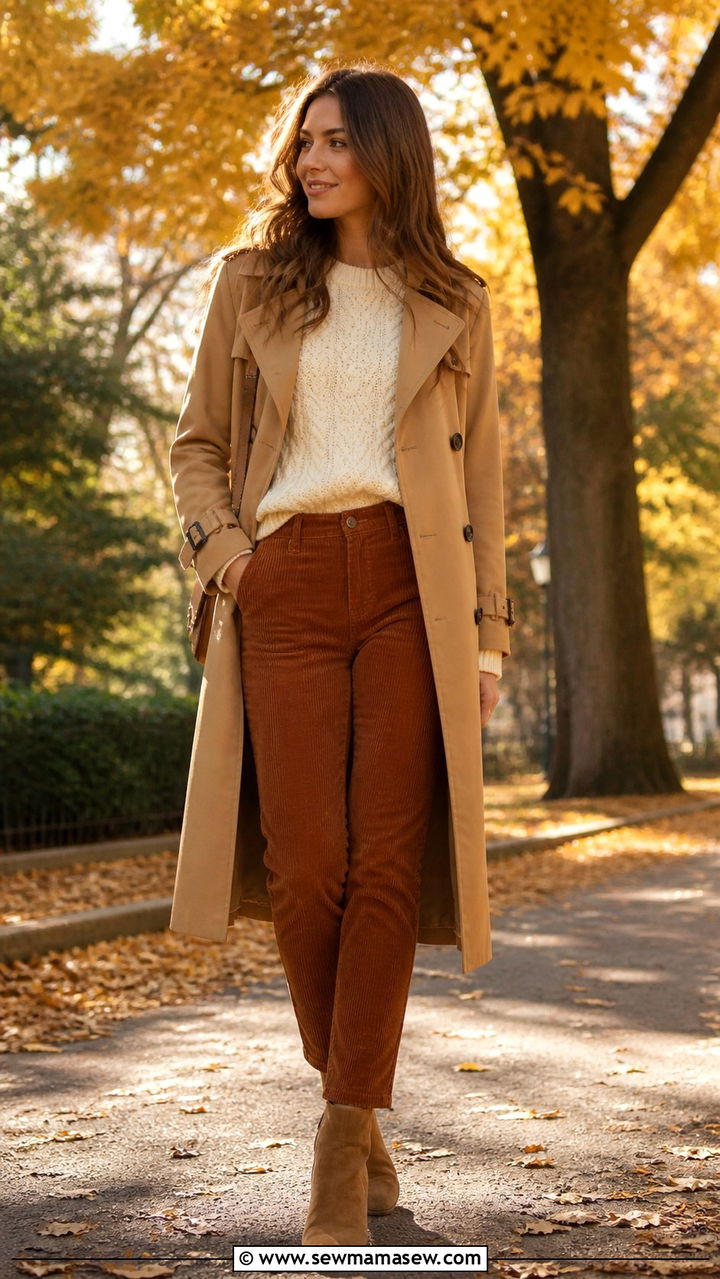Trench Coat with a Knit Sweater and Corduroy Pants - 40 casual trench coat outfits