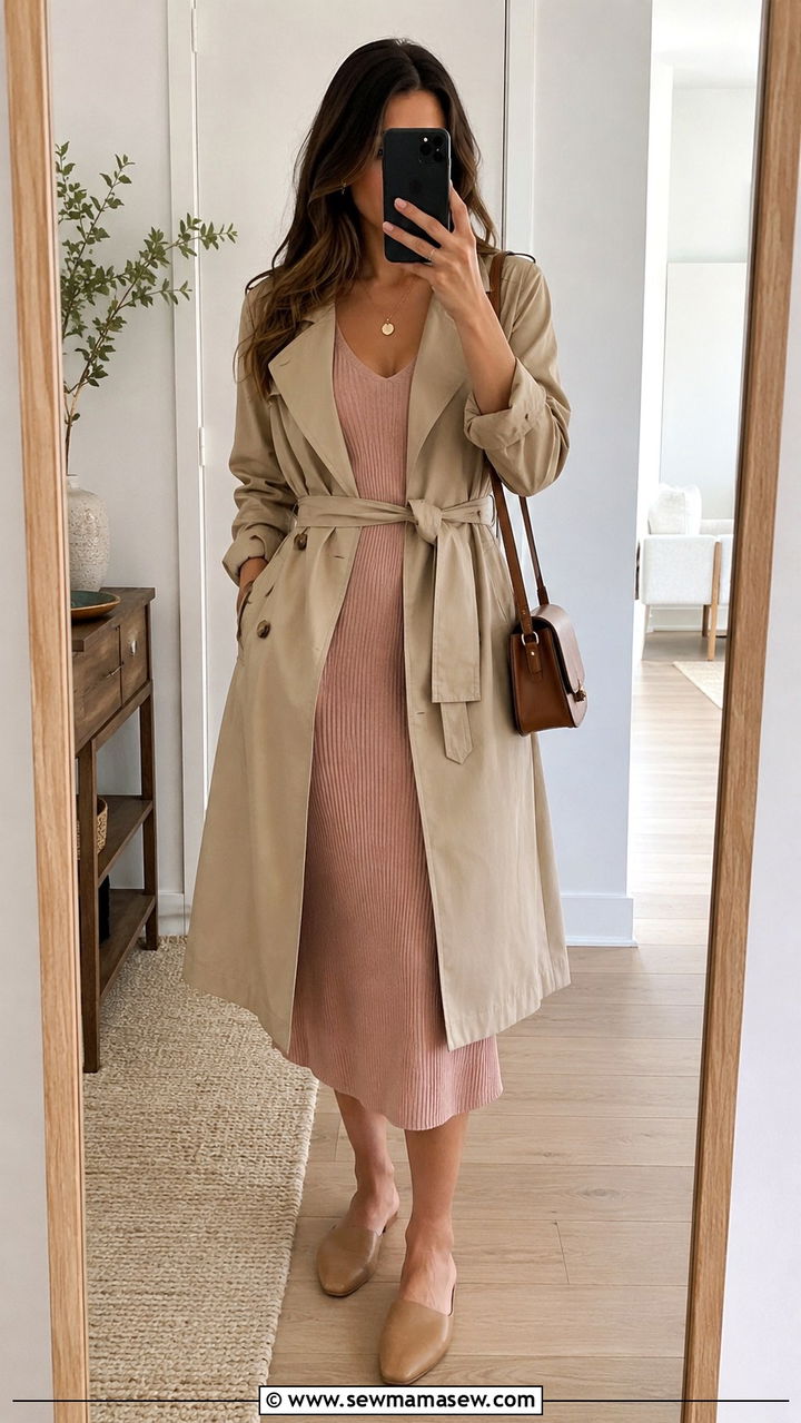 Trench Coat with a Lightweight Knit Dress - 30 How to style a trench coat in summer