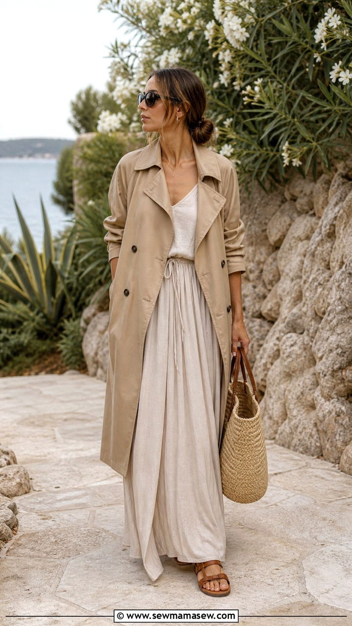 Trench Coat with a Maxi Dress and Flat Sandals - 40 casual trench coat outfits