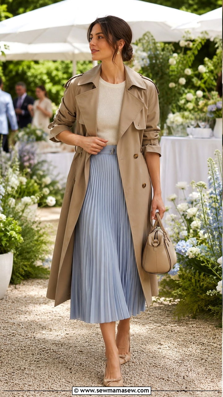 Trench Coat with a Pleated Midi Skirt - 30 How to style a trench coat in summer