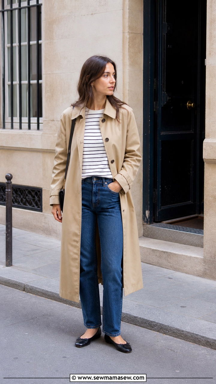 Trench Coat with a Ribbed Knit Dress and White Sneakers - 40 casual trench coat outfits