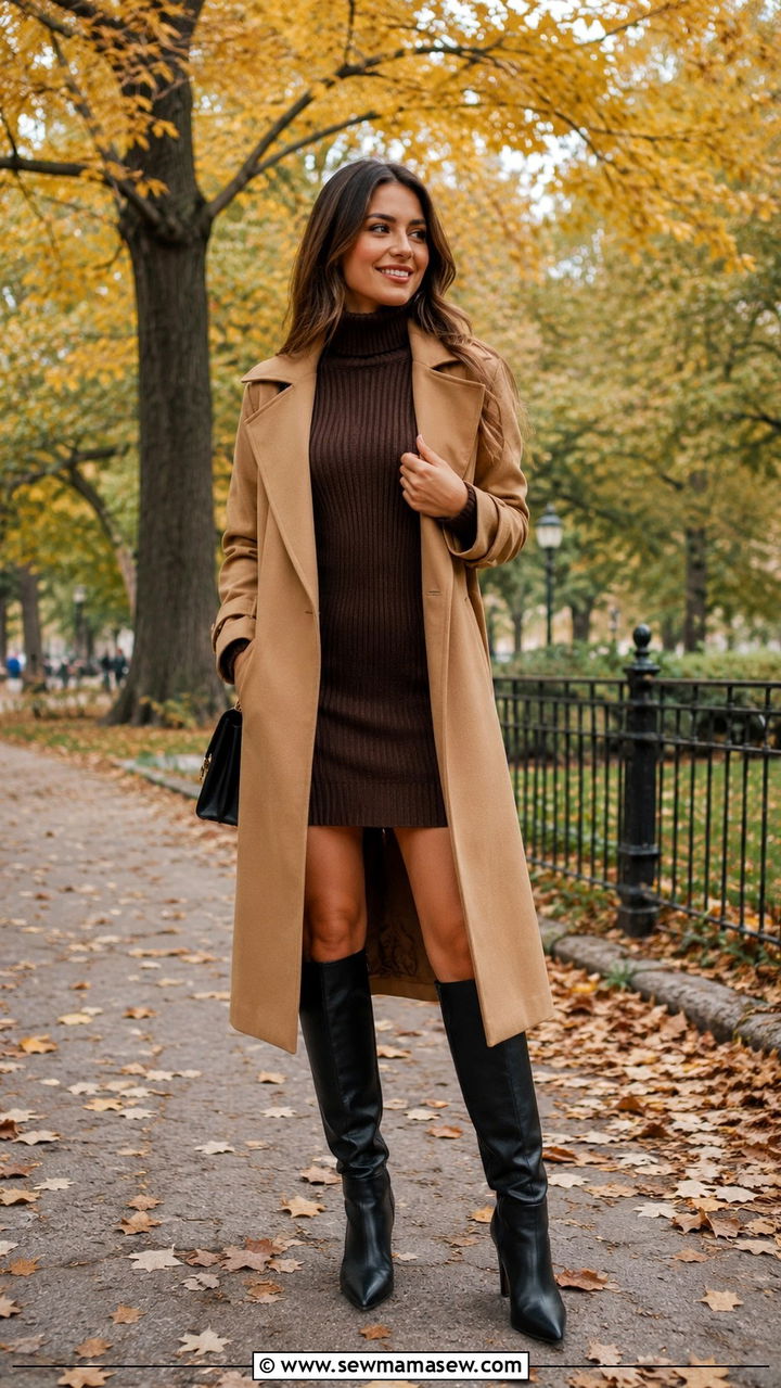 Trench Coat with a Ribbed Sweater Dress and Knee High Boots - 30 trench coat outfits inspo