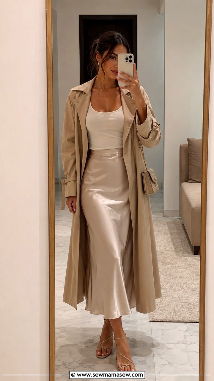 Trench Coat with a Satin Midi Skirt and Tank - 30 How to style a trench coat in summer
