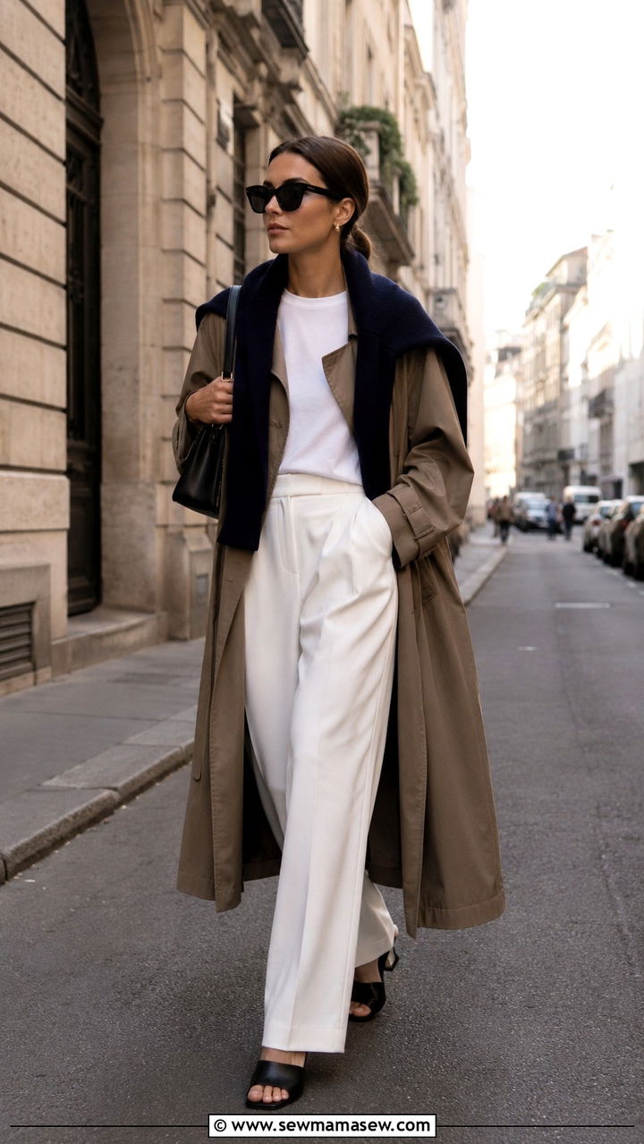 Trench Coat with a Sweater Wrapped Over the Shoulders - 30 Long trench coat outfit ideas with a sweater