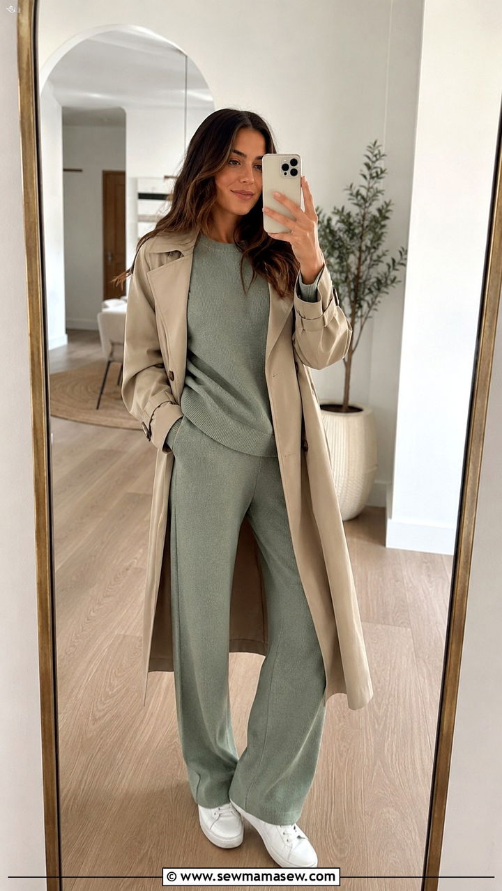 Trench Coat with a Two Piece Knit Set and Sneakers - 30 trench coat outfits inspo