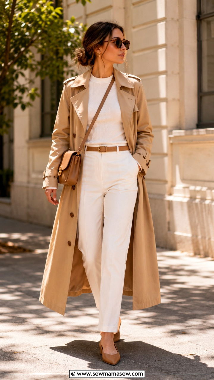 Trench Coat with an All White Base and Tan Accessories - 30 trench coat outfits inspo