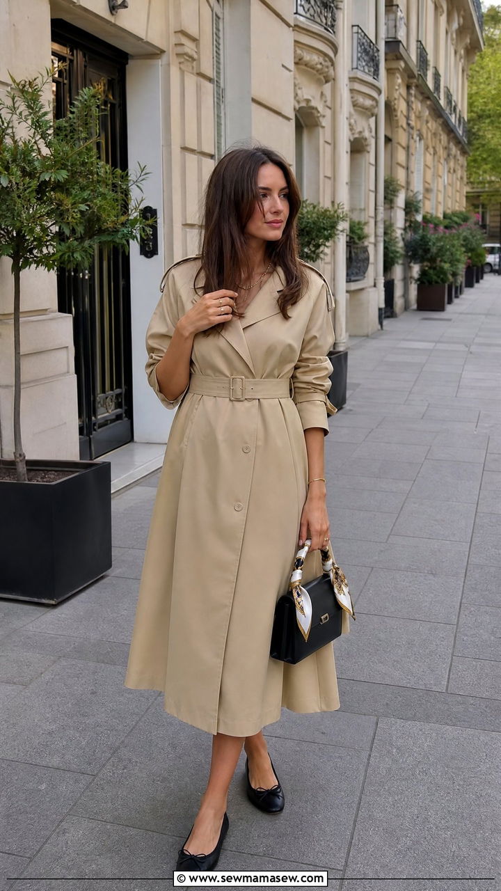 Trench Dress and Ballet Flats - 30 classy Europe travel outfits