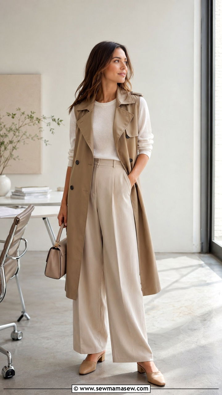 Trench Vest and Wide Leg Trousers Outfit - 30 spring outfit ideas aesthetic