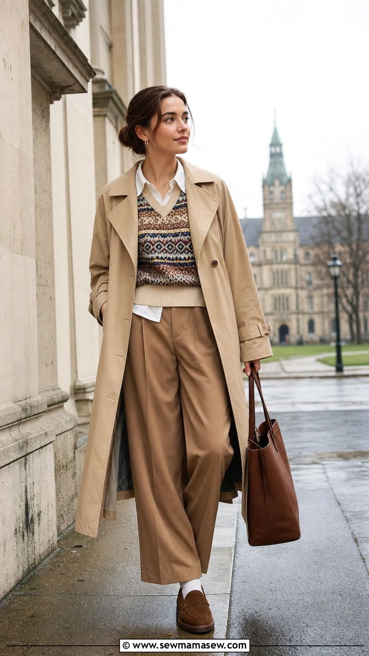 Trench coat and Fair Isle sweater vest with wide leg trousers outfit - 25 spring light academia outfits