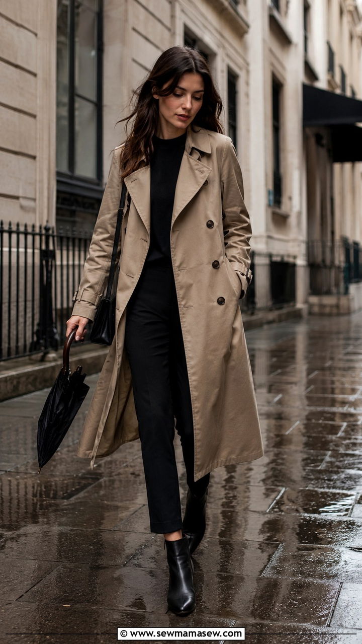 Trench coat and ankle boots travel outfit - 25 Minimalist travel capsule wardrobe