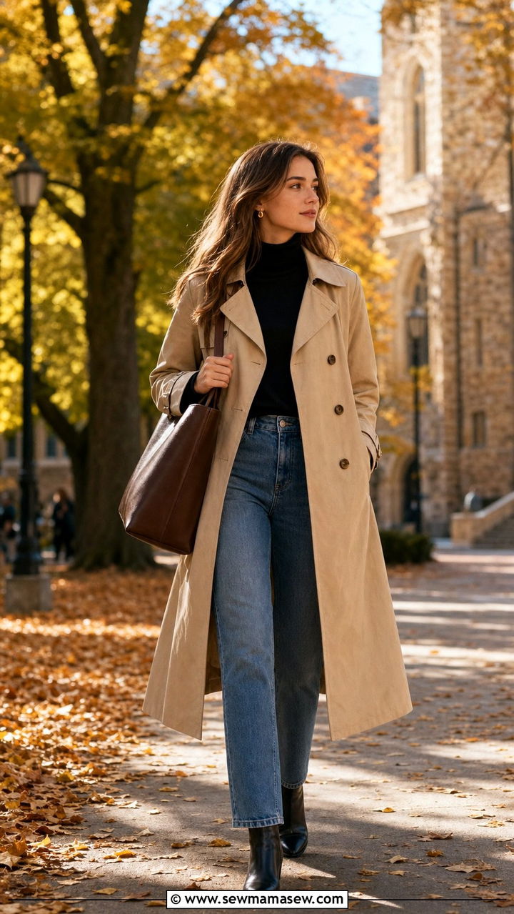 Trench coat and black turtleneck outfit - 25 Clean girl outfits for college