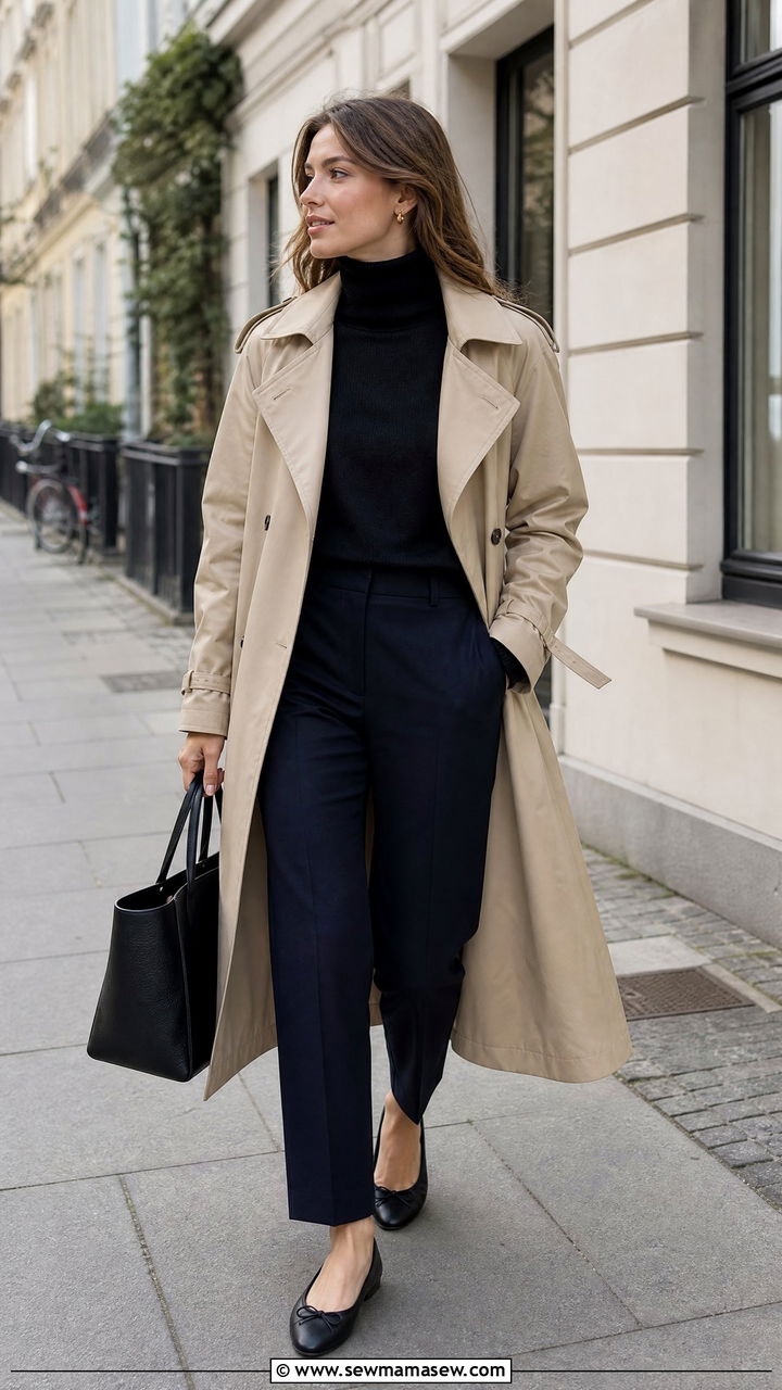 Trench coat and cashmere turtleneck - 30 Danish cozy outfit ideas