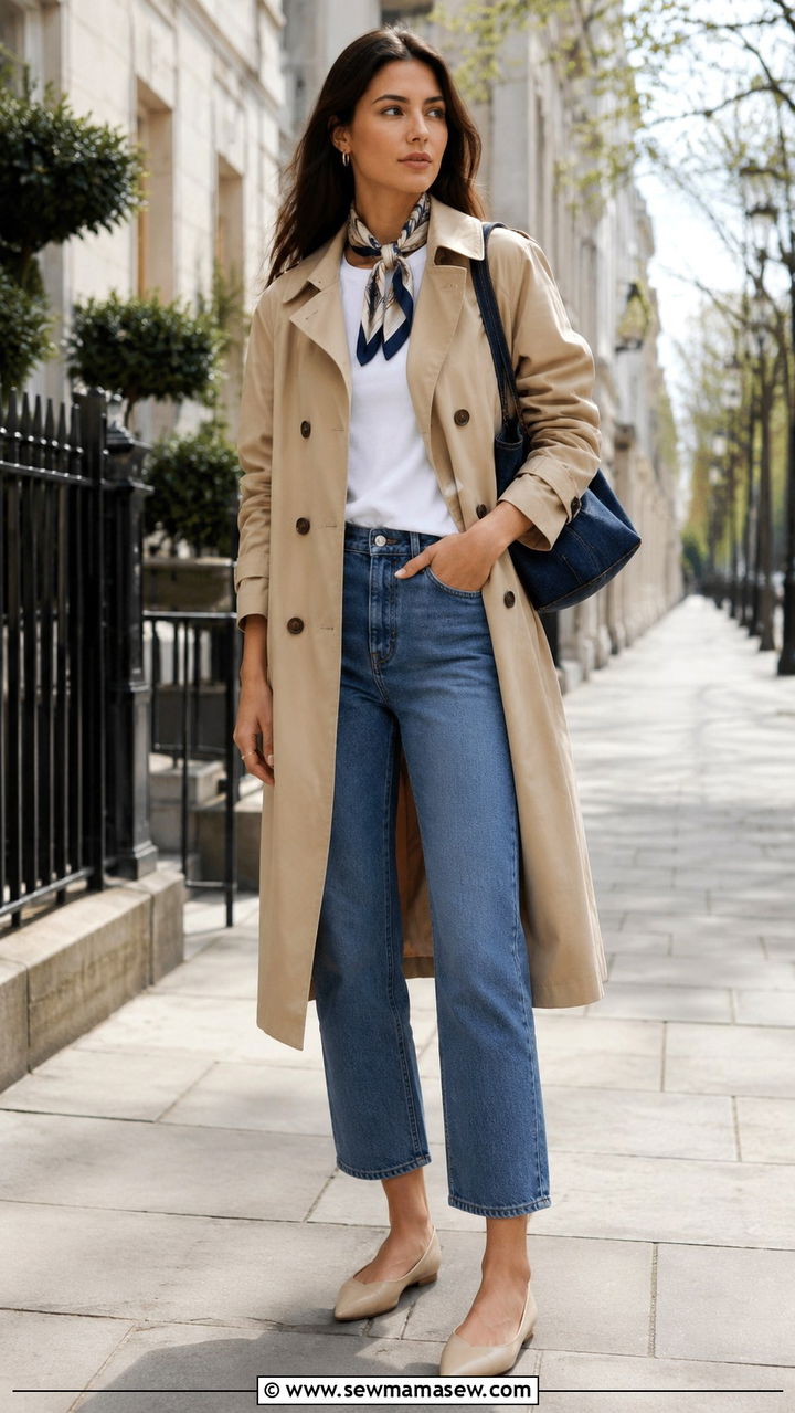 Trench coat and cropped jeans with denim bag - 20 spring outfits with denim bag