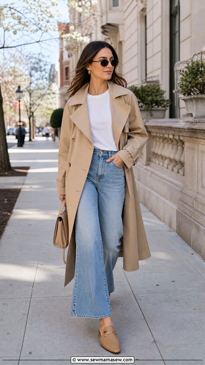 Trench coat and flare jeans with loafer mules - 30 Flare jeans outfit ideas with loafers