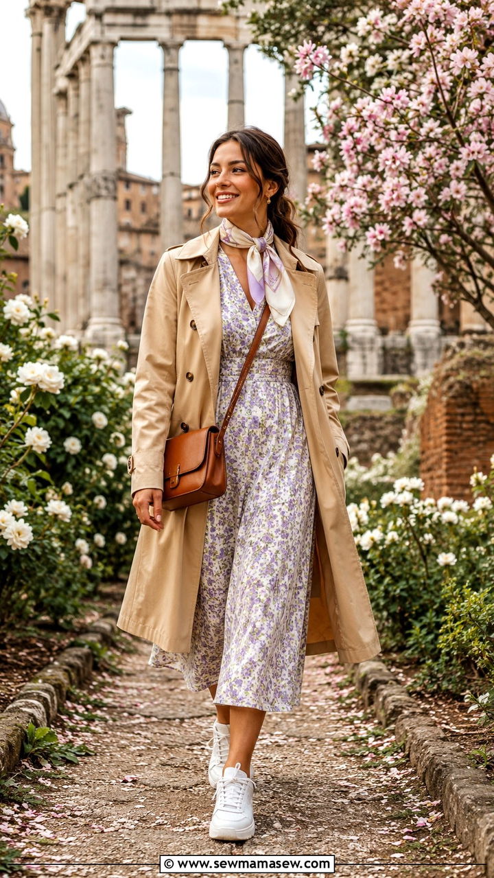 Trench coat and floral midi dress outfit spring Italy - 30 Italy outfits for women