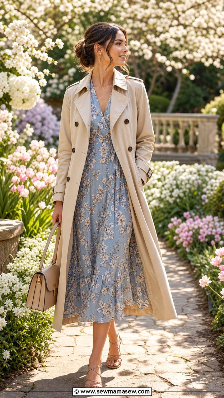 Trench coat and floral midi dress spring look - 25 Cute spring outfit ideas 2026