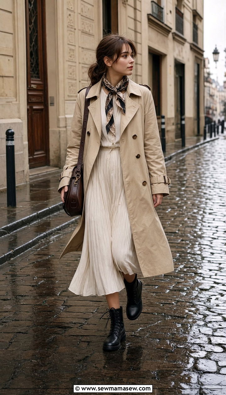 Trench coat and flowy pleated midi dress with combat boots outfit - 25 spring light academia outfits