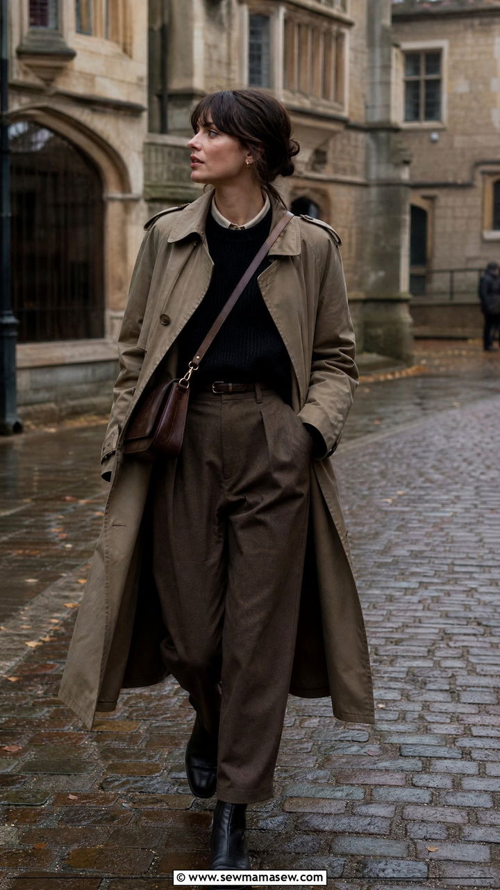 Trench coat and high waisted trousers - 30 Dark academia school outfits