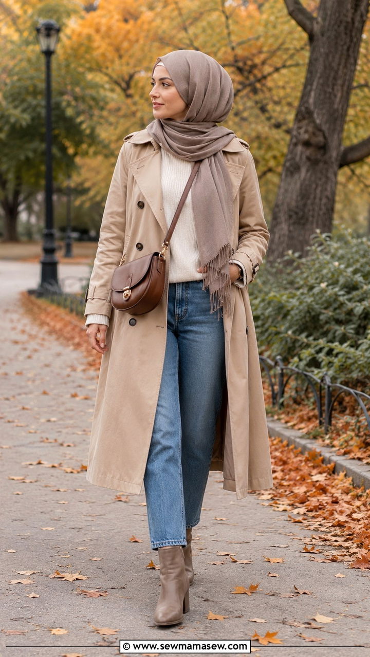 Trench coat and jeans hijab fall outfit - 30 hijab outfit ideas