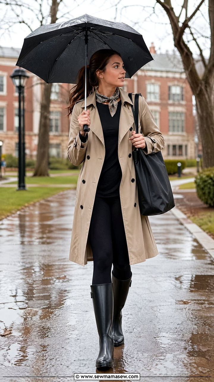 Trench coat and leggings rainy day college outfit - 35 First day of college outfit ideas