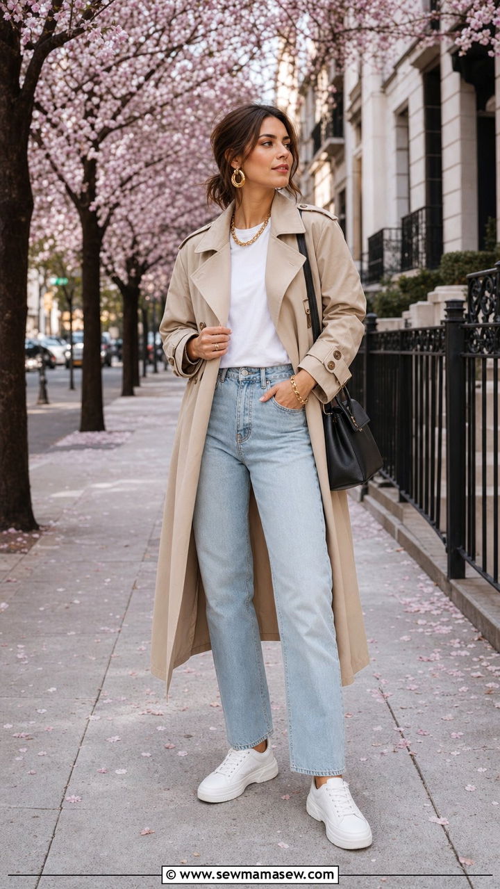 Trench coat and light wash jeans with chunky gold jewelry - 25 spring outfits with gold jewelry