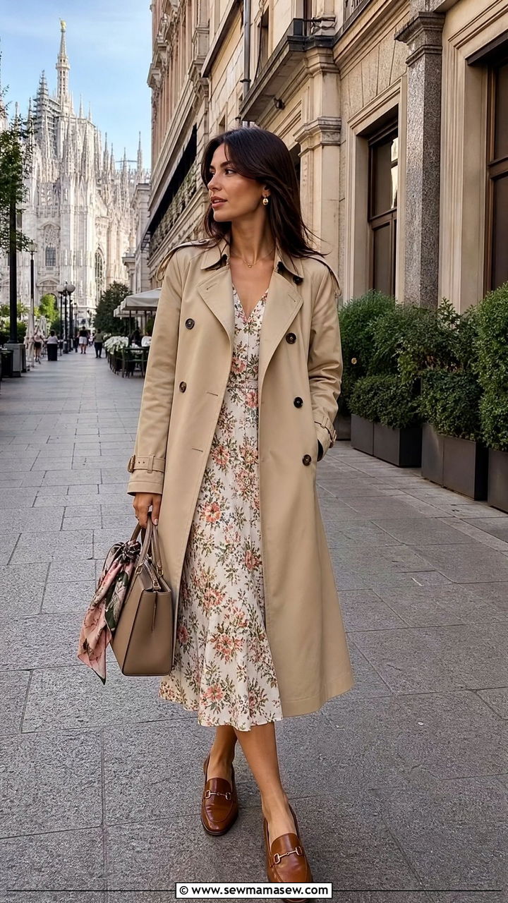 Trench coat and midi dress Italy - 25 Italy outfits inspo