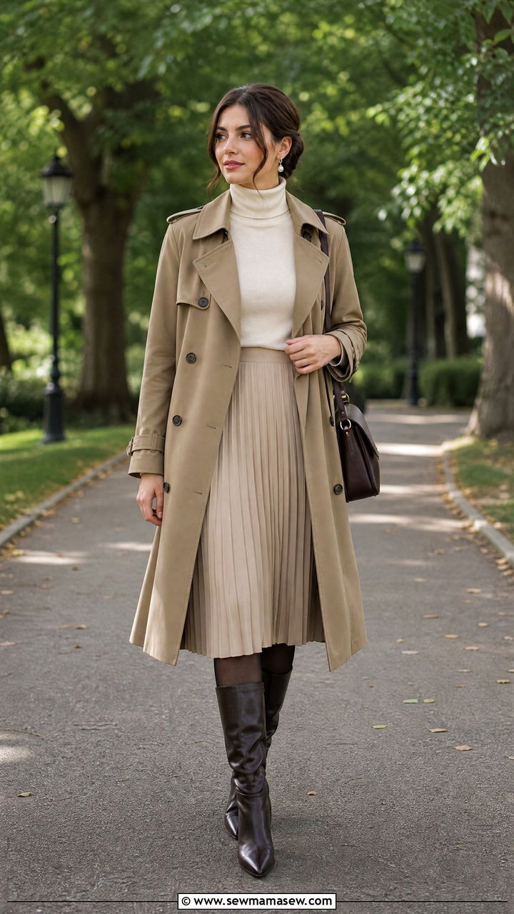 Trench coat and pleated midi skirt outfit - 35 Modern preppy outfit ideas