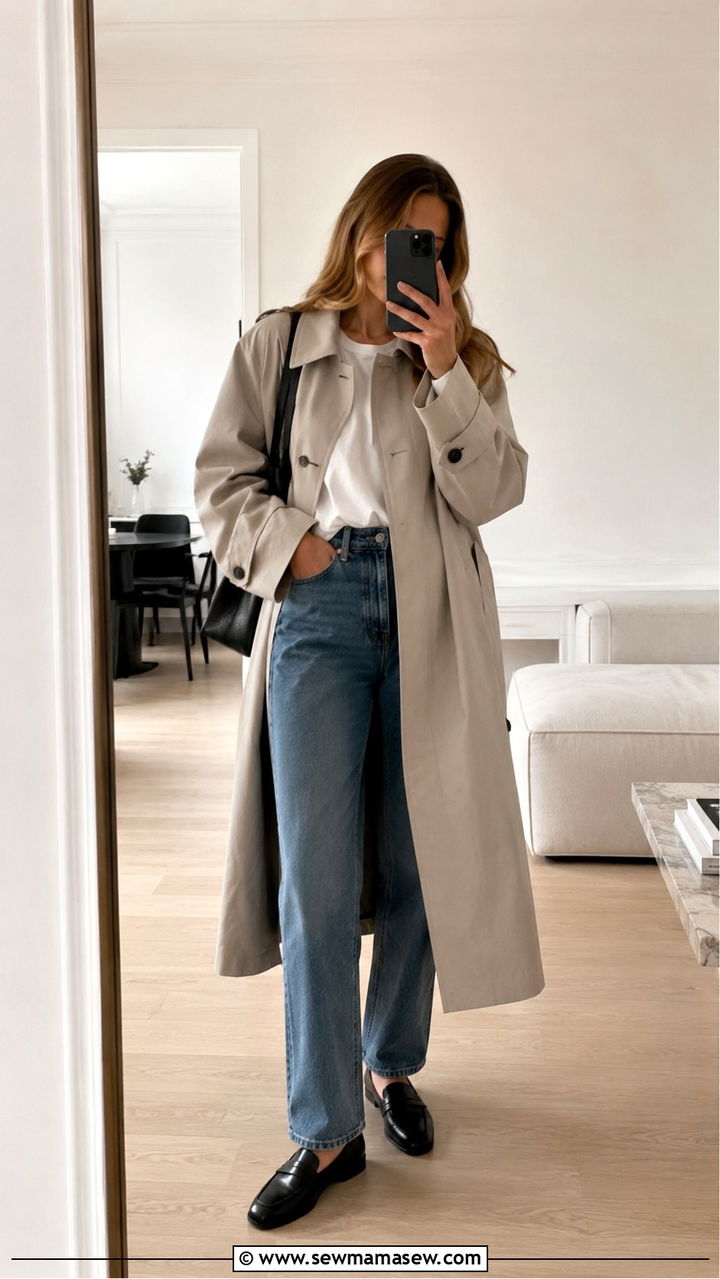 Trench coat and straight jeans outfit - 30 scandinavian capsule wardrobe outfits