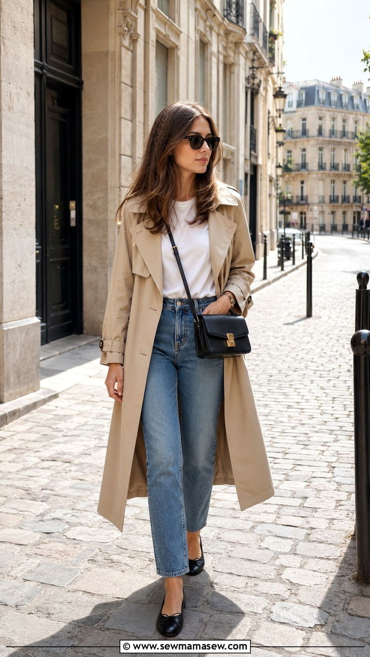 Trench coat and straight leg jeans outfit - 30 Spring Parisian outfits 2026