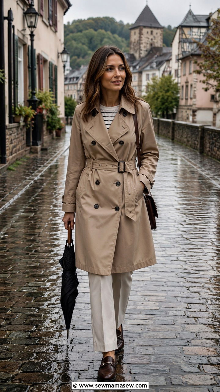 Trench coat and straight leg trousers outfit - 30 Rhine cruise outfit ideas