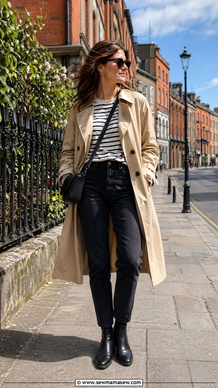 Trench coat and striped top Dublin outfit - 35 Dublin outfit ideas