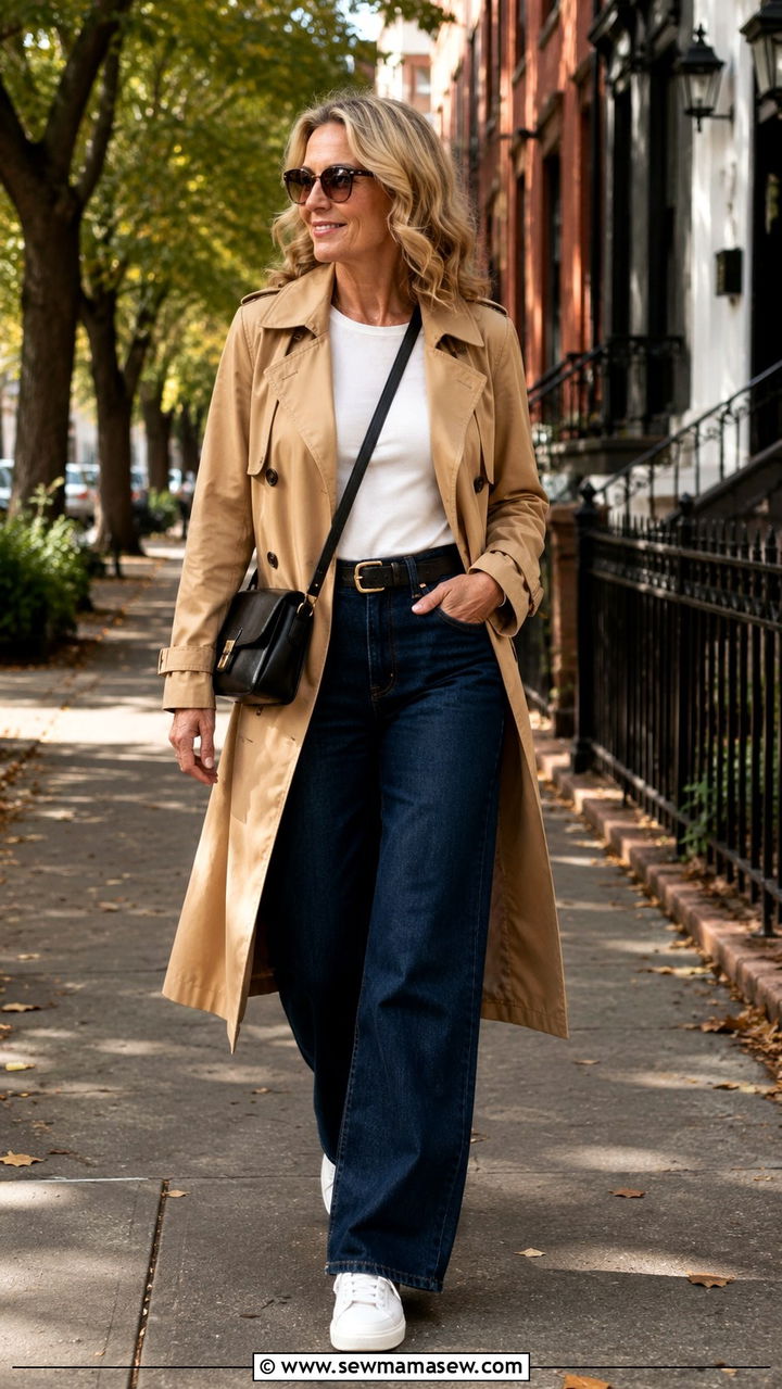 Trench coat and wide leg jeans over 50 - 20 How to style wide leg jeans over 50