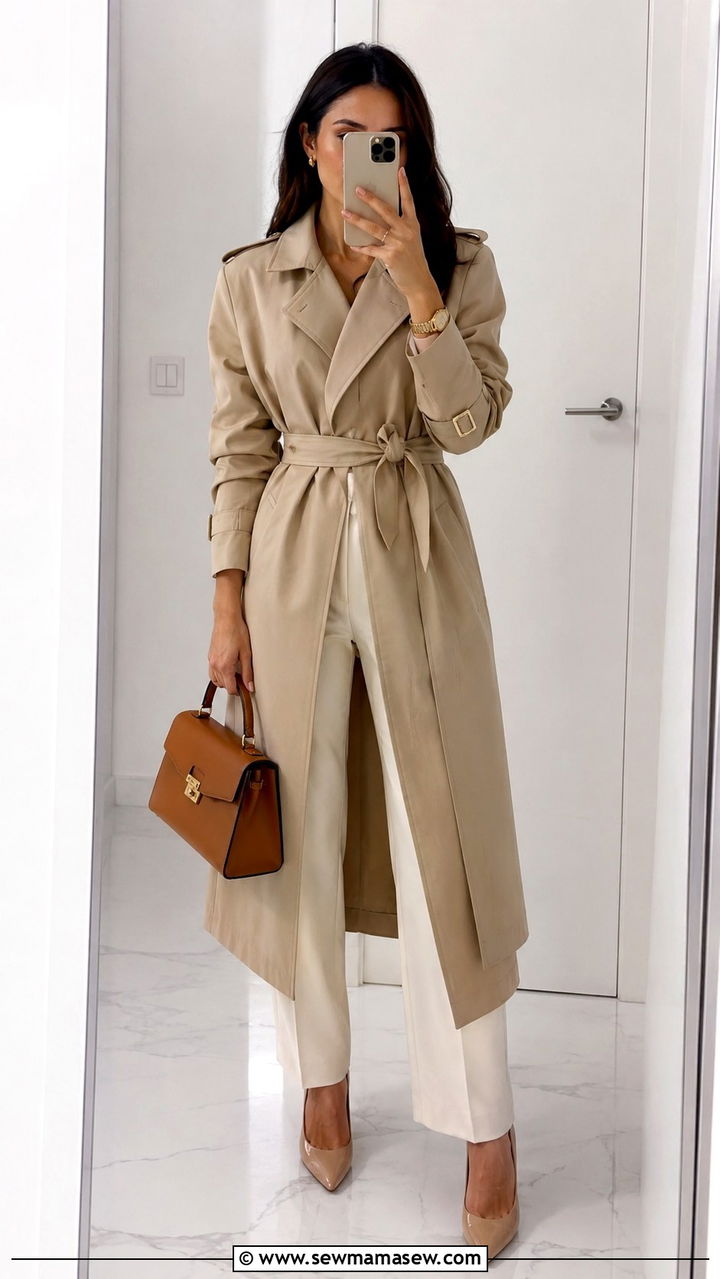 Trench coat belted over high waist trousers and pointed toe heels - 30 Spring outfits with trench coat