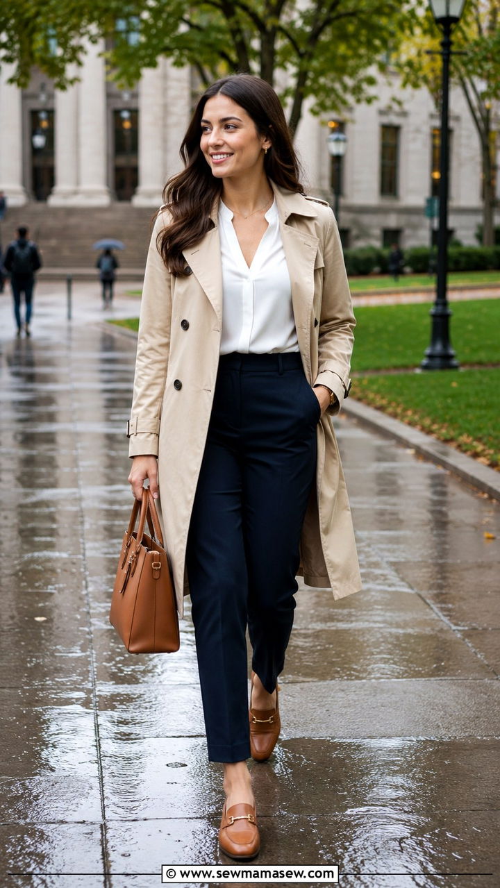Trench coat layered over a blouse and trousers - 30 Law school student outfit ideas