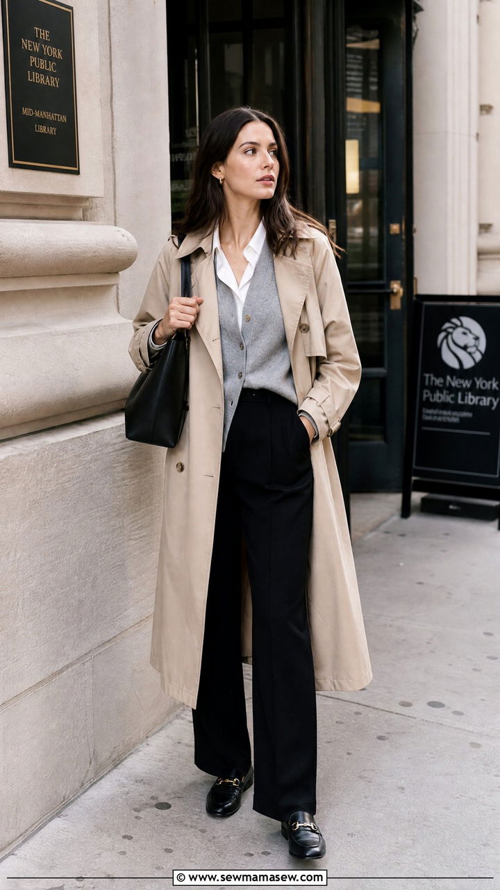 Trench coat layered over a cardigan and trousers - 35 Librarian outfit ideas for work