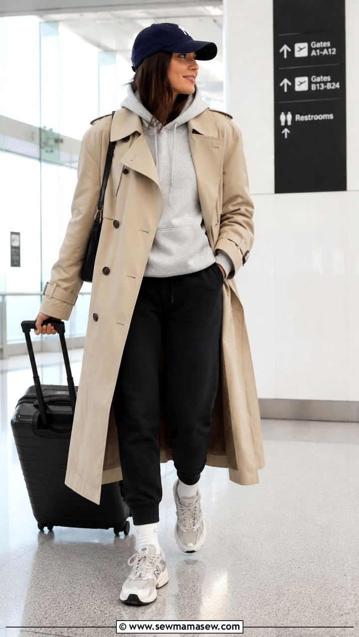 Trench coat layered over a hoodie and joggers - 30 transitional trench coat outfit ideas